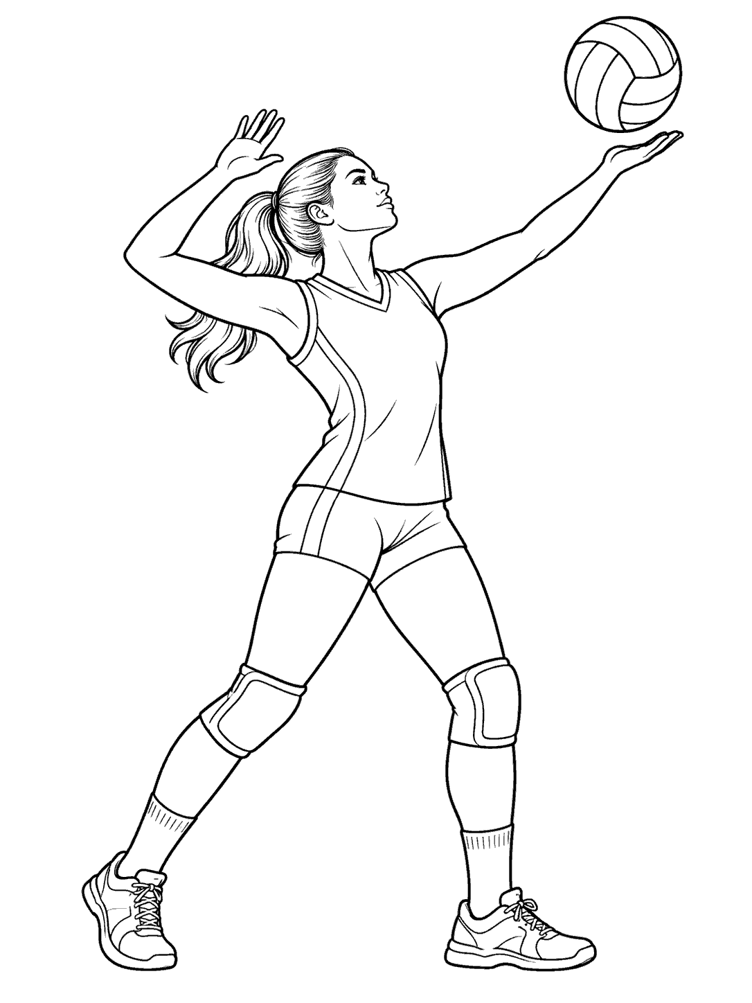 Volleyball coloring page showing an adult player in uniform beginning an overhand serve beneath a volleyball.