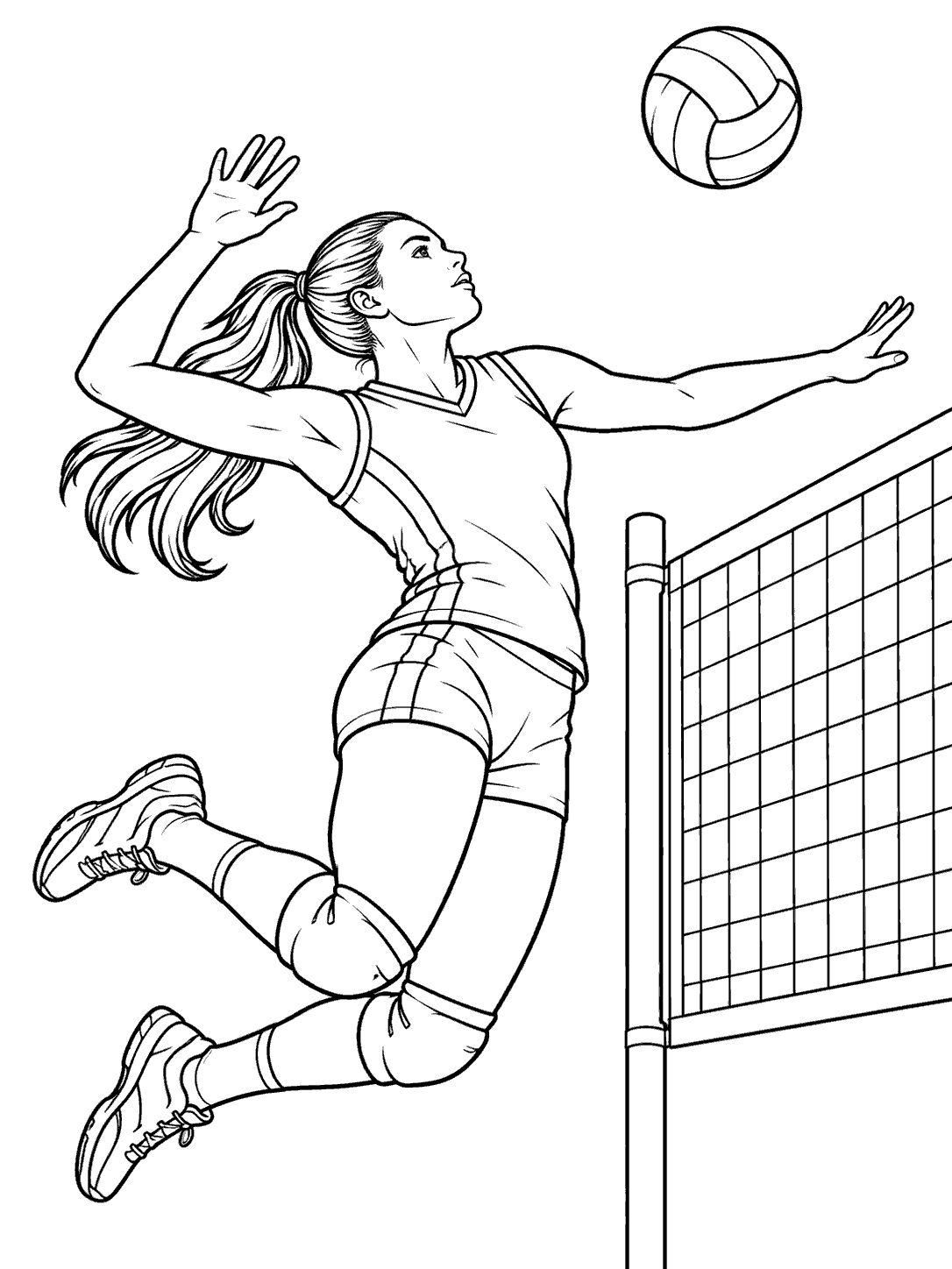Volleyball coloring page showing an adult player jumping to spike a ball beside a net.