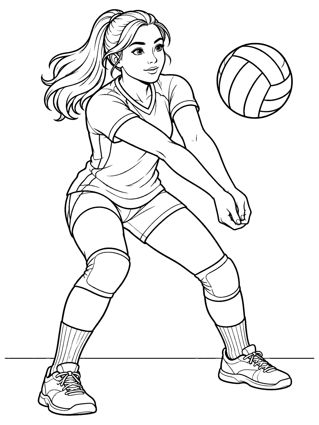 Volleyball coloring page showing an adult player in uniform bending into a forearm pass beneath an approaching ball.