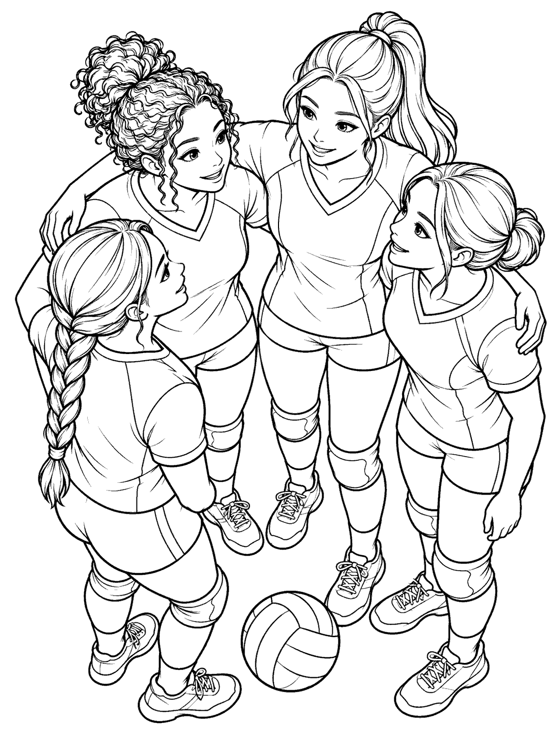 Volleyball coloring page showing four adult teammates in uniforms huddling around a ball.