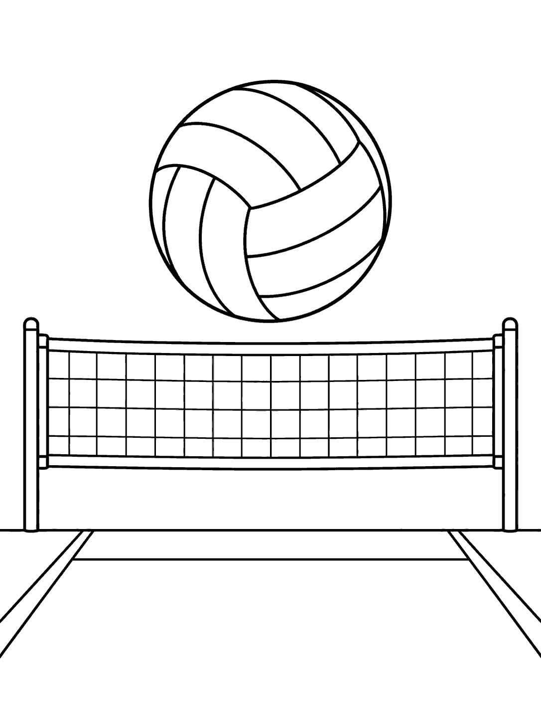 Volleyball coloring page showing a large ball above a net, with court boundary lines below.