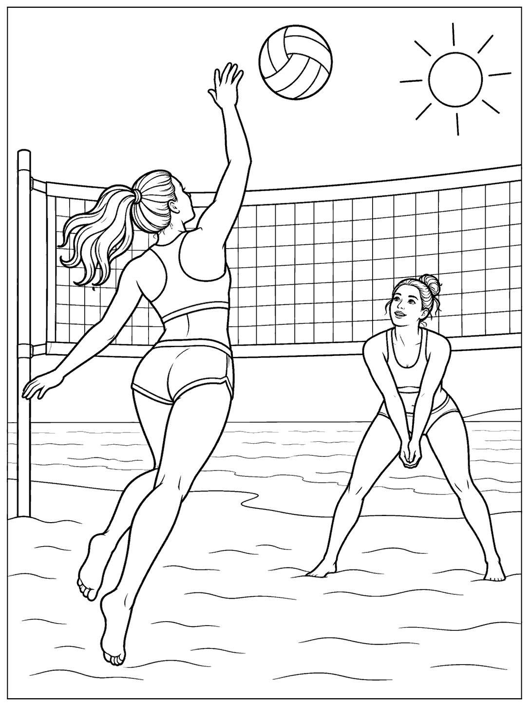 Beach volleyball coloring page showing two adult players on opposite sides of a net, with a ball in the air and a sun overhead.