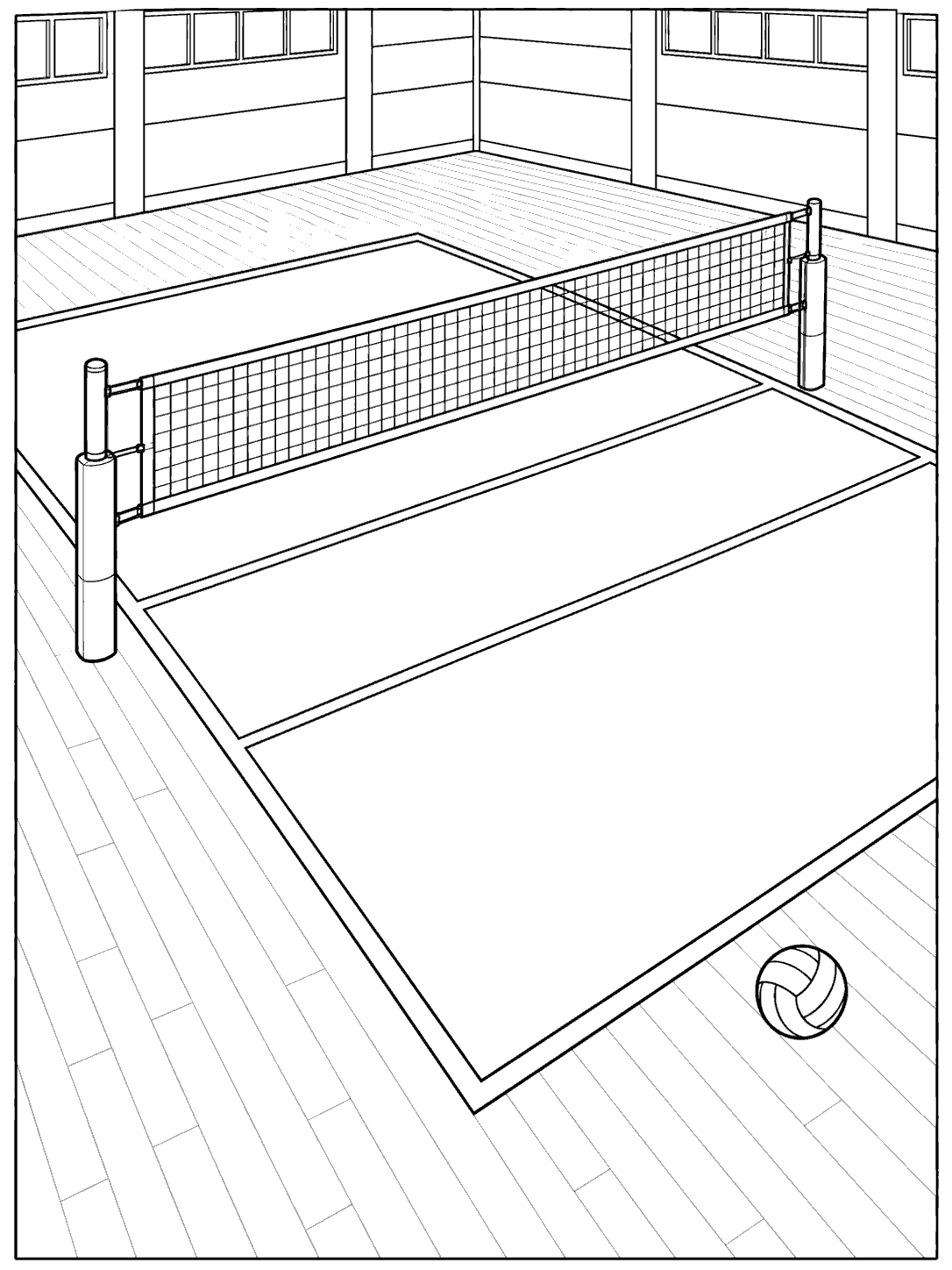 Volleyball coloring page showing an empty indoor court, net, boundary lines, and one ball near the sideline.
