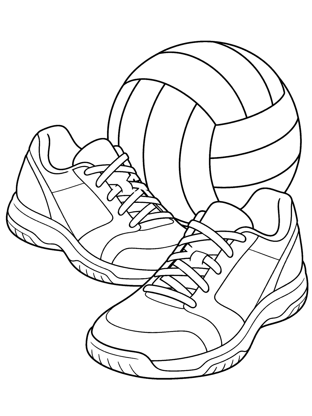 Volleyball coloring page with two court shoes beside a paneled ball.