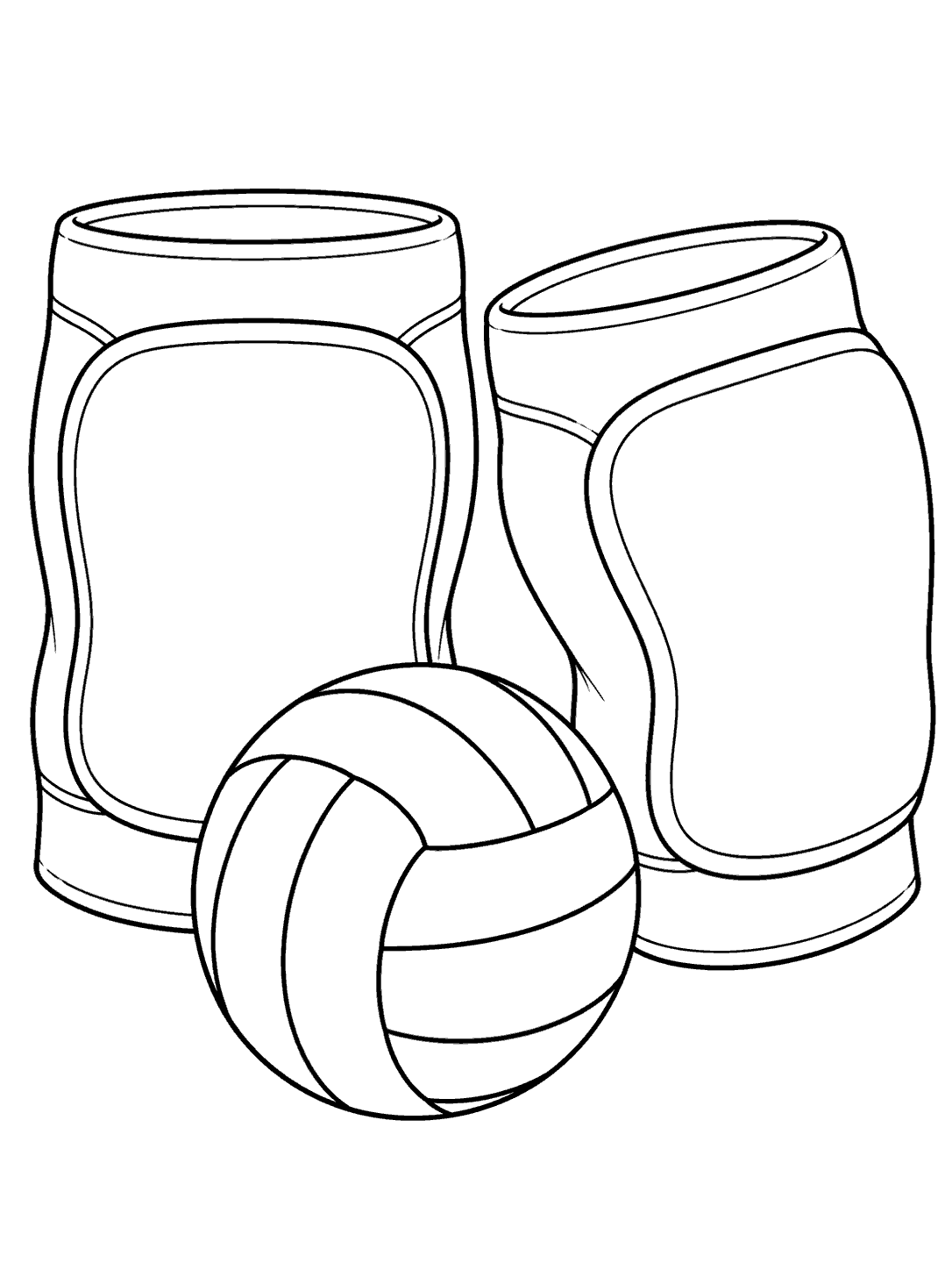 Black outline coloring page showing two volleyball knee pads and a volleyball on white.