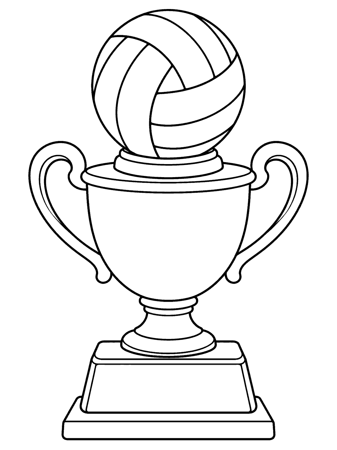 Black outline coloring page of a symmetrical sports trophy topped with a paneled volleyball.