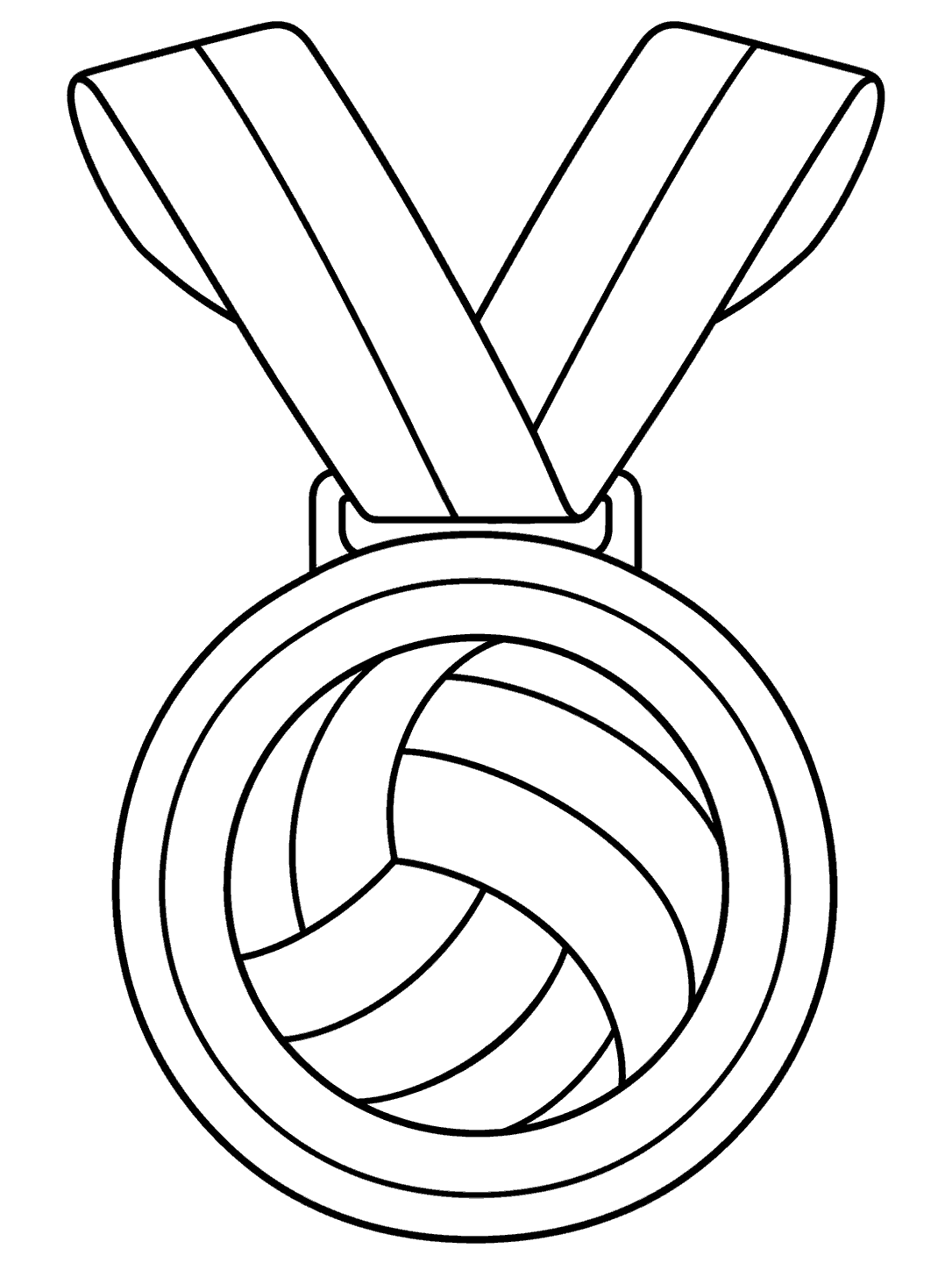 Volleyball coloring page of a round medal with a volleyball panel emblem and a wide folded ribbon.