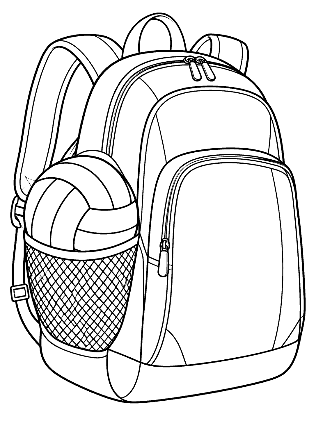 Volleyball coloring page showing a large upright backpack with a volleyball tucked into its mesh side pocket.
