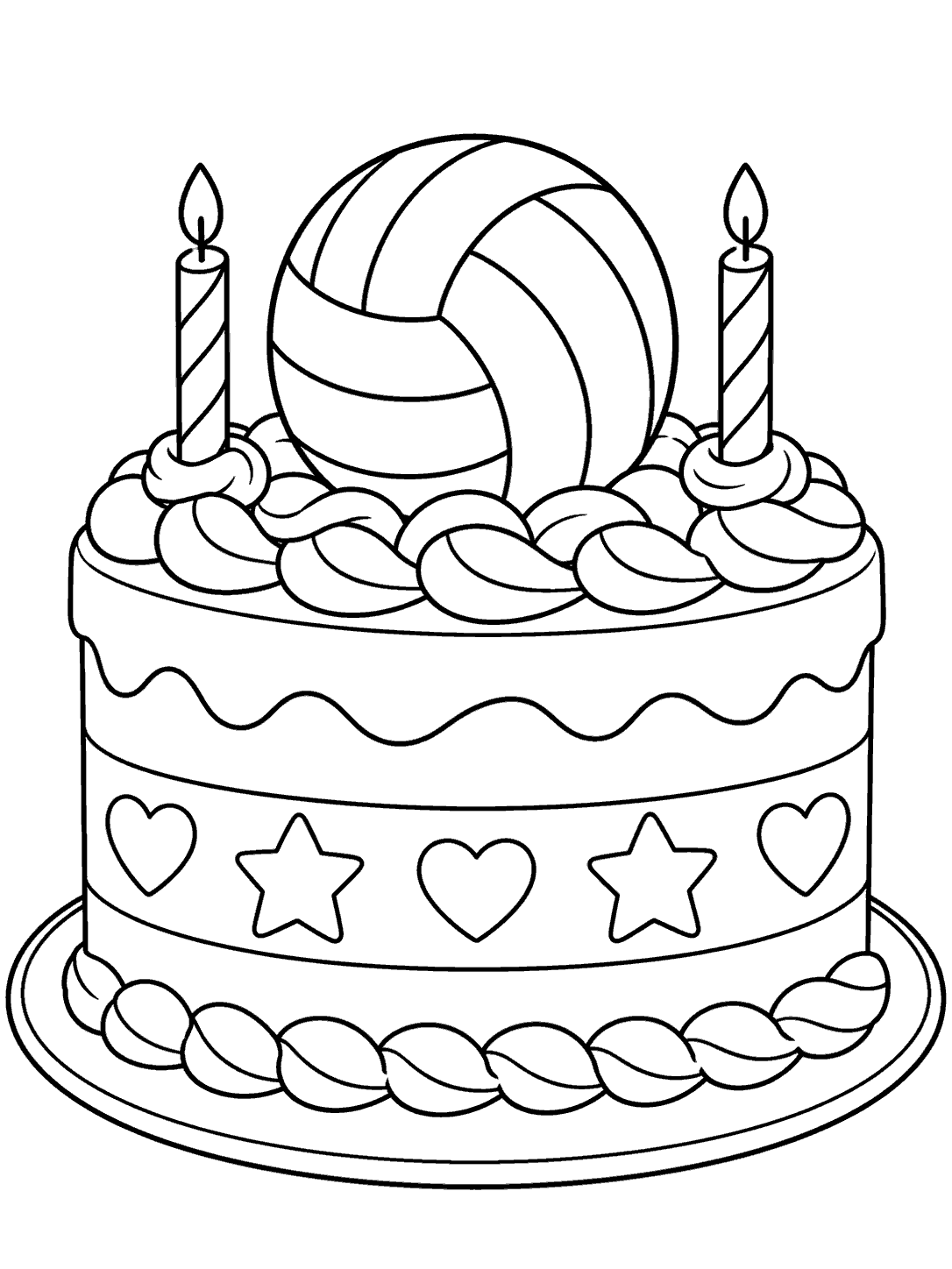 Volleyball coloring page showing a round decorated cake topped with a volleyball and two candles.