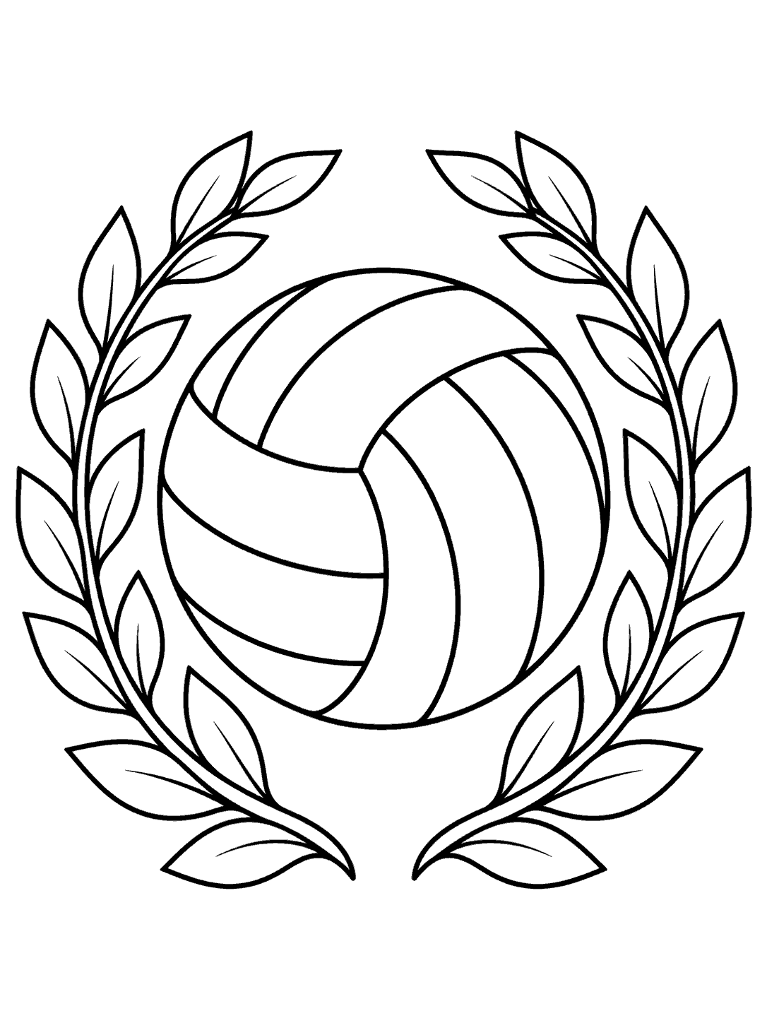 Volleyball coloring page of a ball framed by laurel leaves