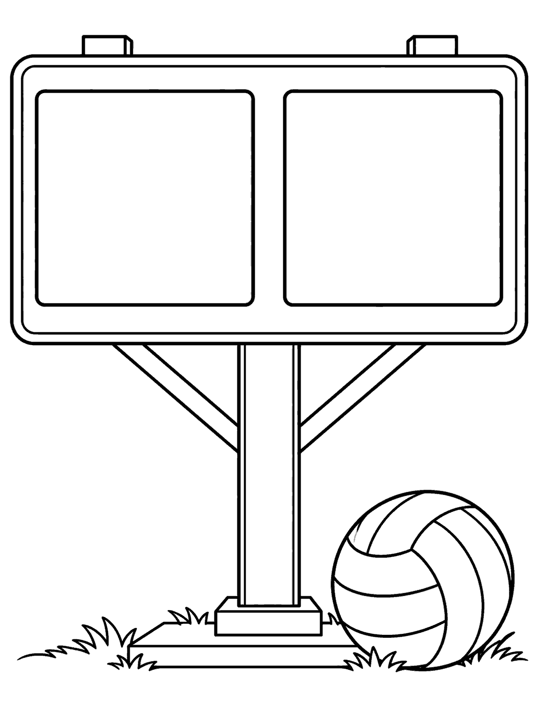 Black outline coloring page of a freestanding volleyball scoreboard with two empty score panels, support post, and ball beside the base.