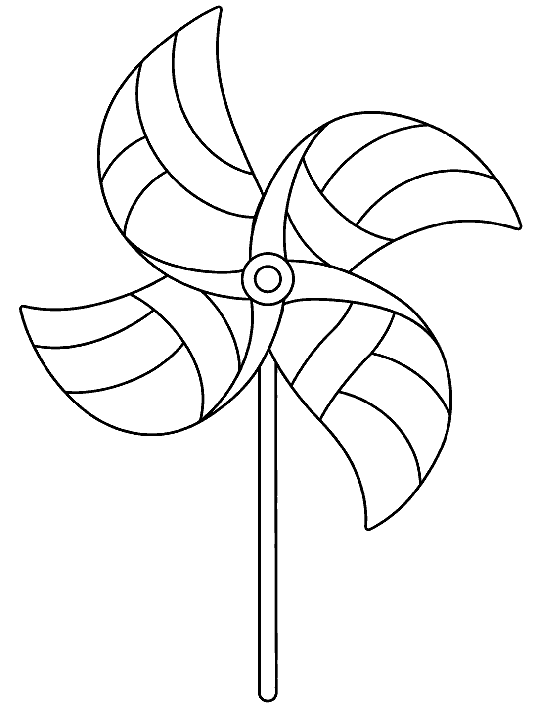 Black-and-white coloring page showing a volleyball-inspired pinwheel with four curved blades, a central button, and a straight stick.