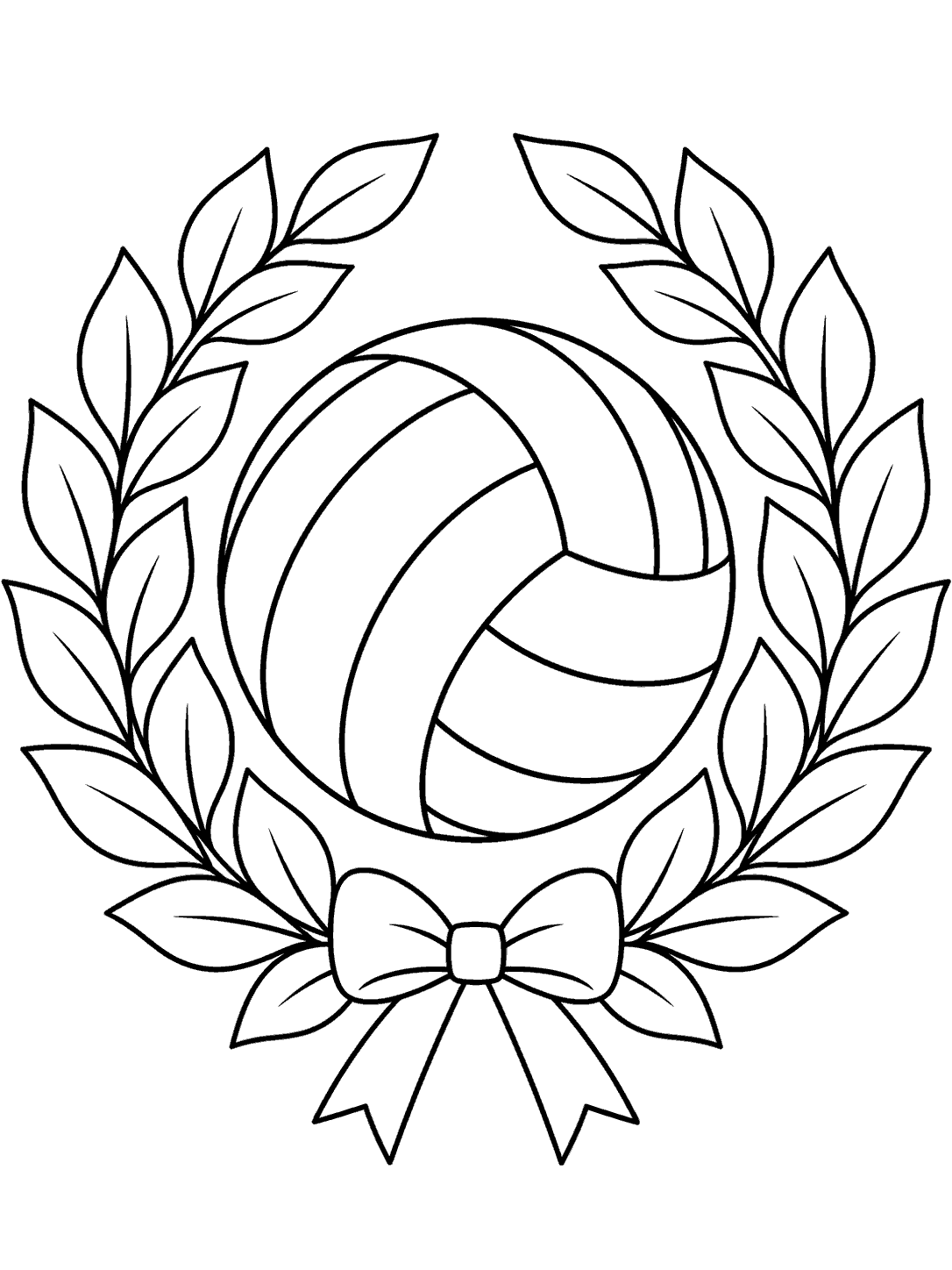Black outline volleyball coloring page with a volleyball surrounded by broad leaves and a bow at the bottom.
