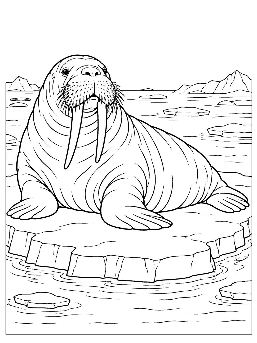 A full-bodied walrus with long tusks and outstretched flippers resting on an ice floe, with distant Arctic ice and ripples.