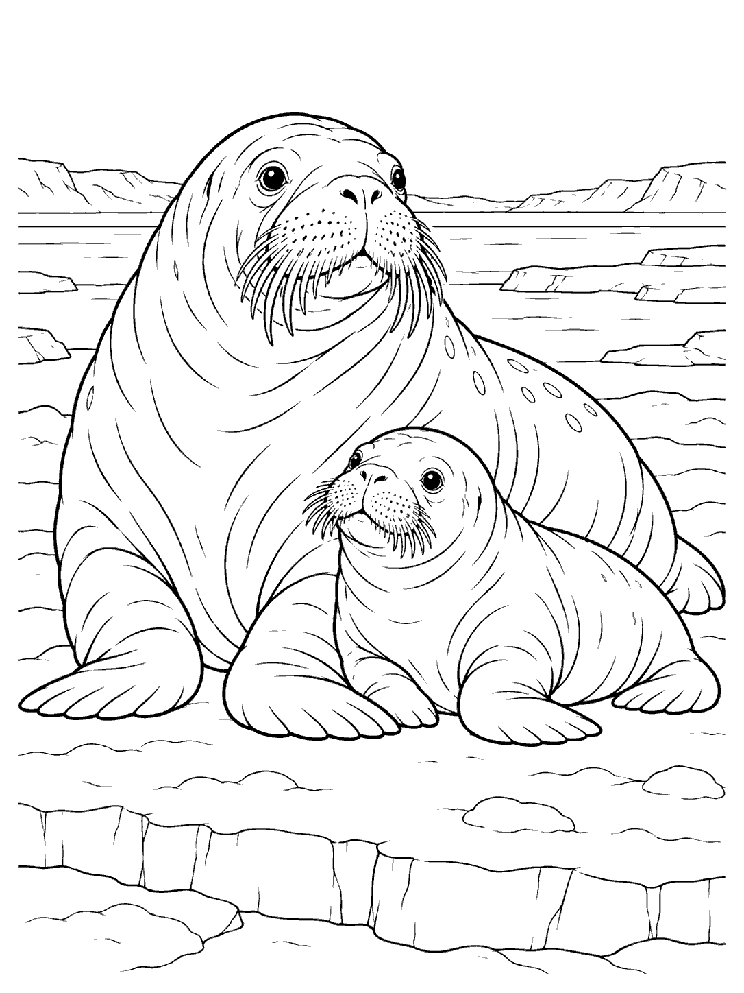 Black-and-white walrus mother and calf nestled together on an ice shelf, with distant ice formations.