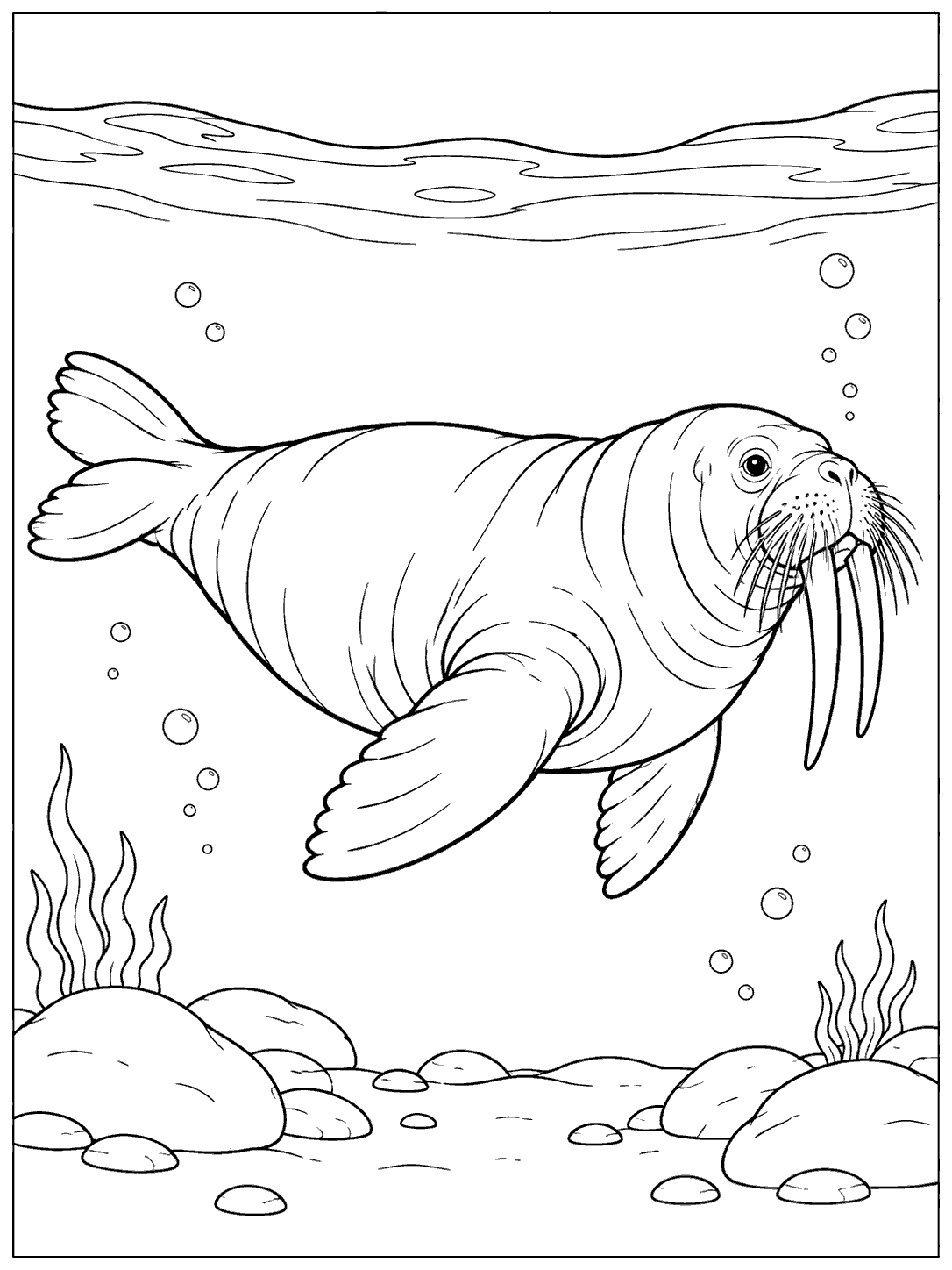 A walrus swims underwater in side view, with long tusks, whiskers, bubbles, a rippling surface, and sparse seafloor stones.