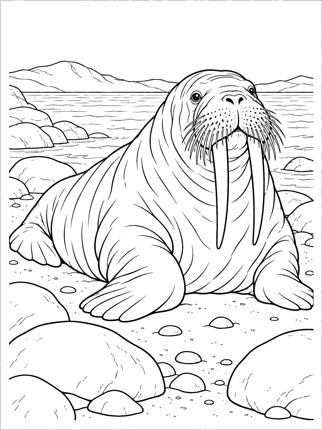A walrus with two tusks resting on a rocky Arctic beach, with low hills in the distance