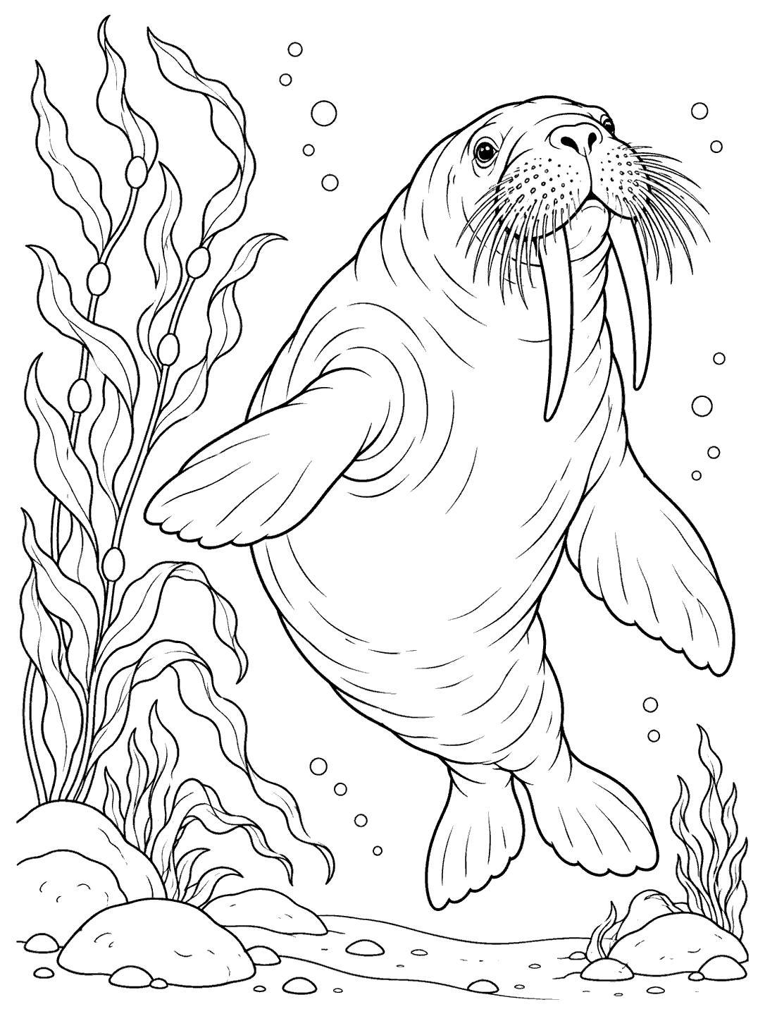 A walrus with long tusks and whiskers swims upright beside kelp in a simple black-and-white underwater coloring page.