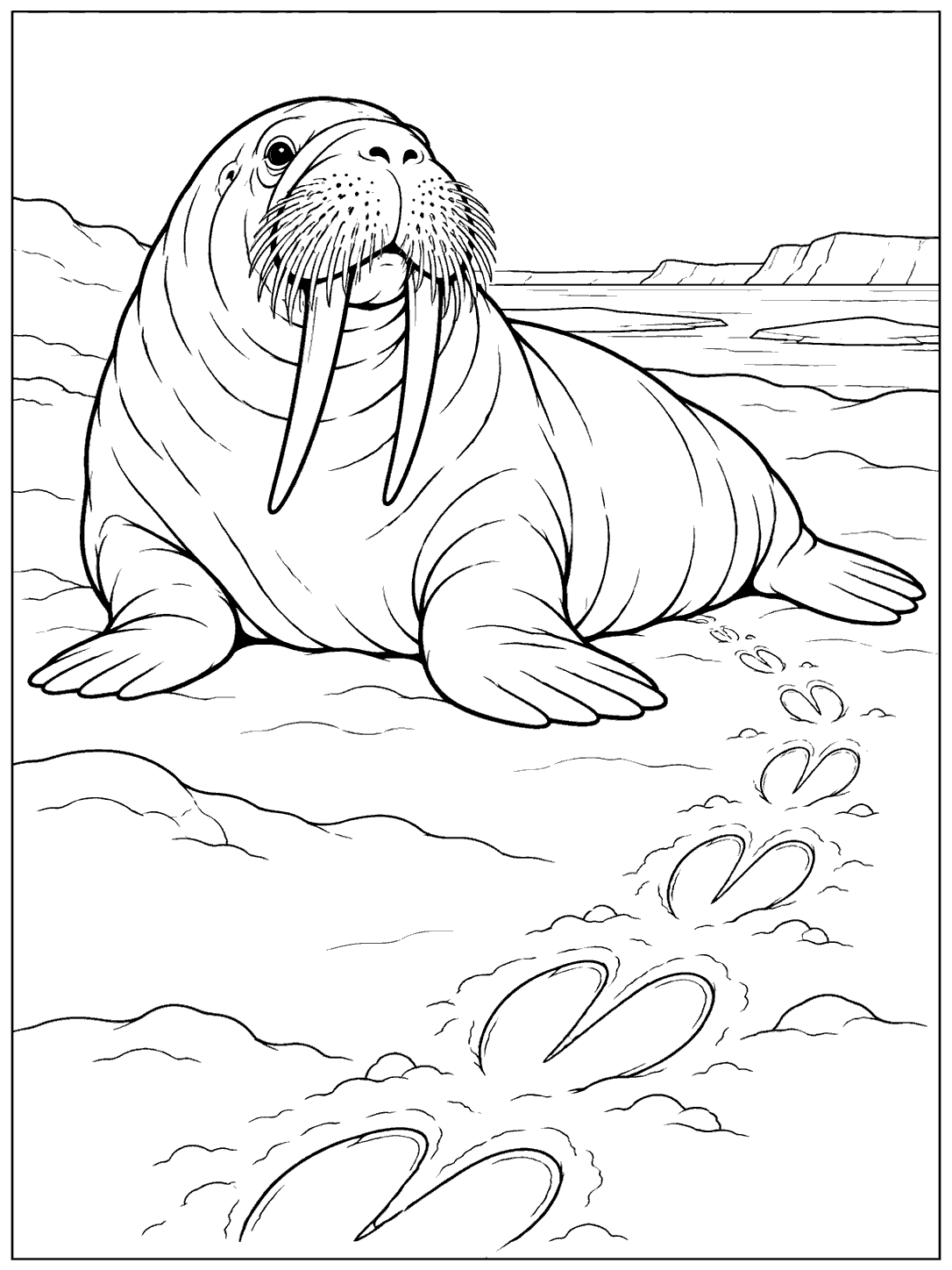 Full-bodied walrus resting on snow beside paired flipper tracks, with a distant Arctic horizon.