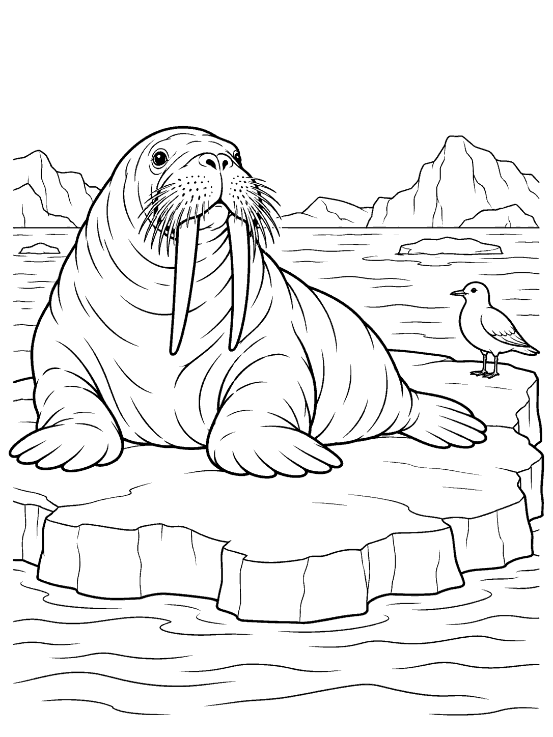 A large tusked walrus resting on an ice floe with a small Arctic seabird standing apart, surrounded by water lines and distant icebergs.