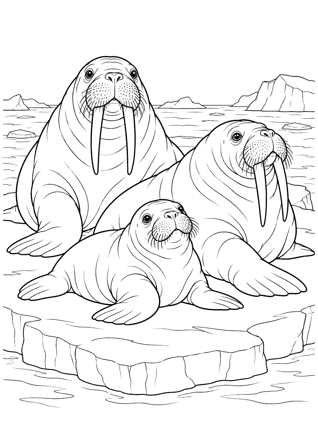 Two adult walruses and a smaller calf resting on an ice shelf, with a distant sea line.