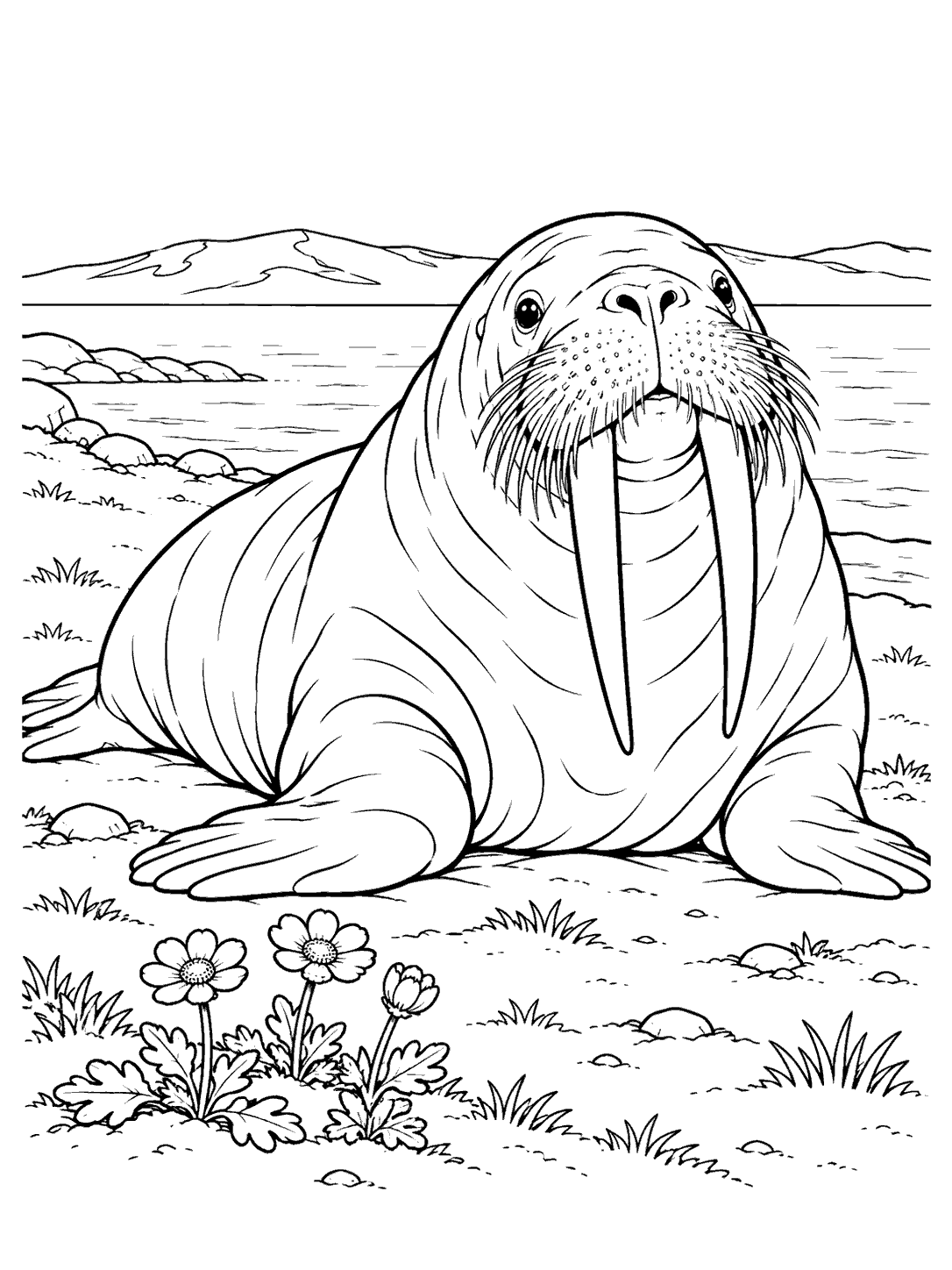 A large walrus with long tusks and whiskers resting among Arctic flowers, with a low ridge in the distance.