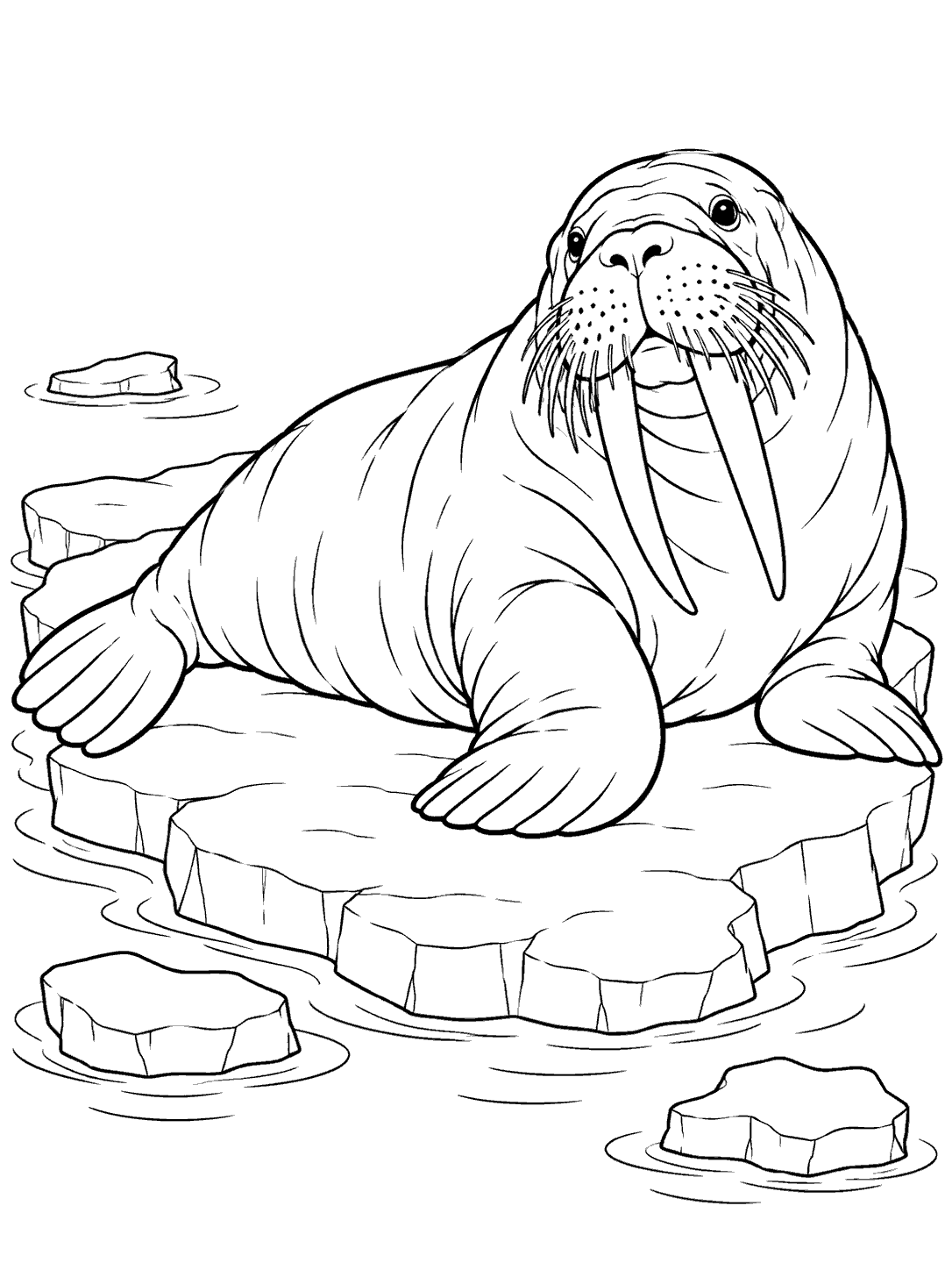A full-bodied walrus with long curved tusks and whiskers lounging on a raft of ice, with small floes and calm water ripples around it.