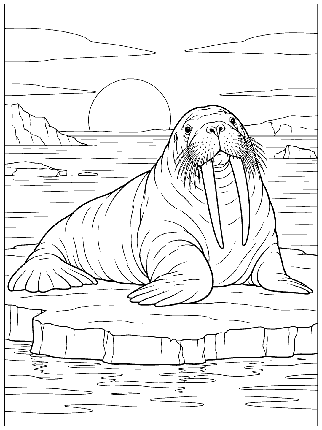 Detailed walrus with tusks, whiskers, and flippers resting on an ice shelf before a low sun over calm water.