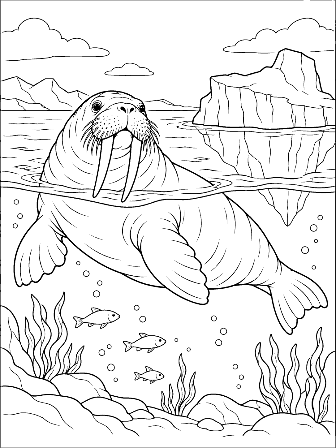 A walrus with long tusks and visible flippers swims at the surface beside an iceberg, with fish and sea plants below.
