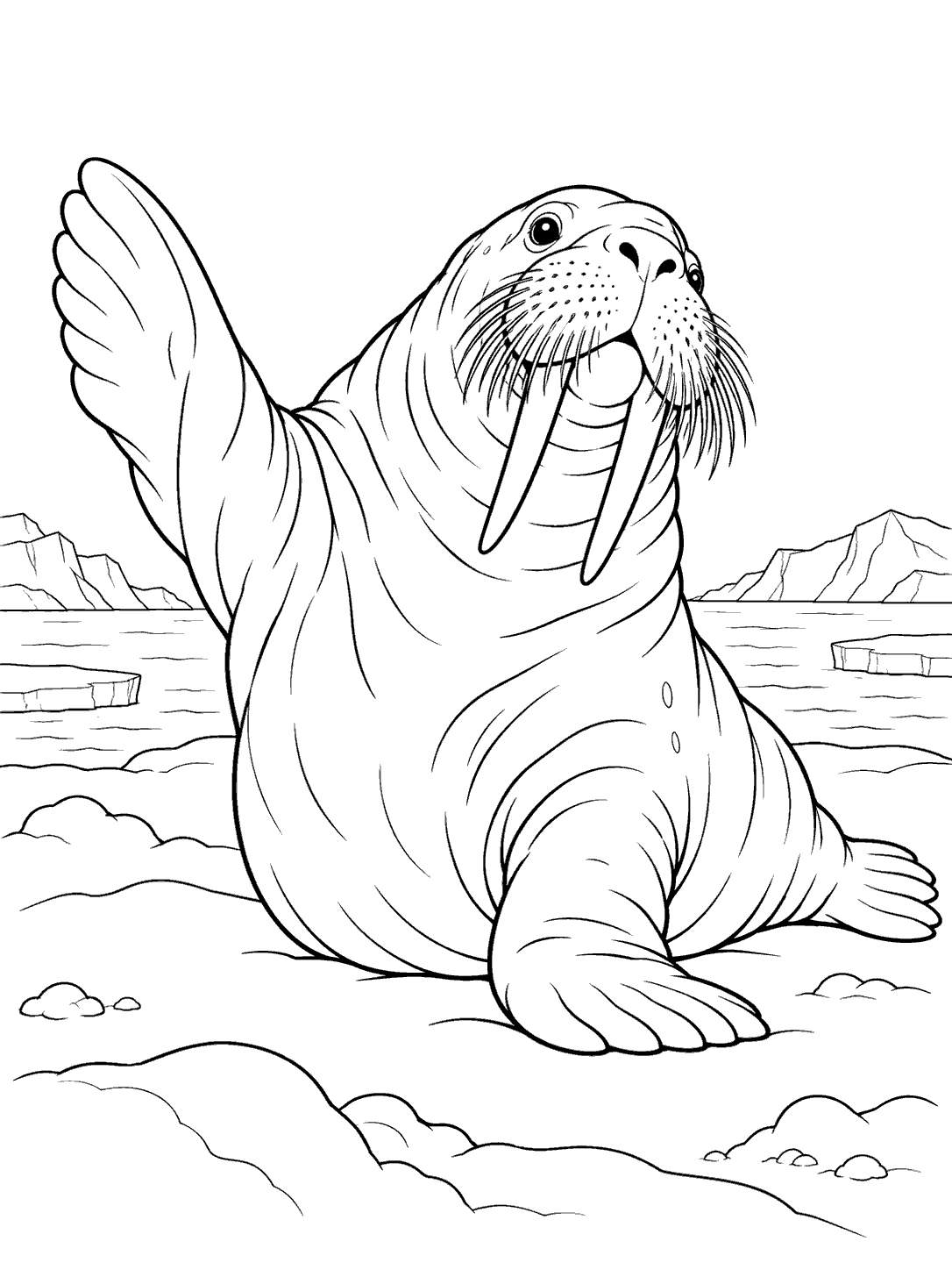 Walrus stretching a flipper on snow