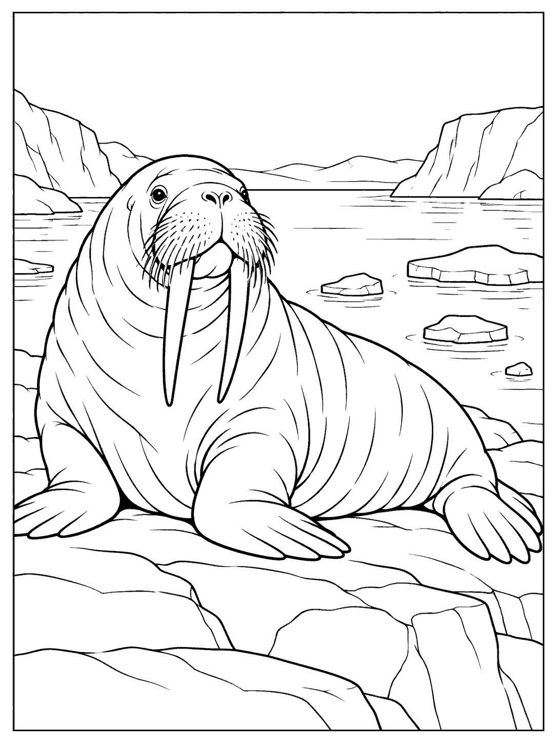 A full-bodied walrus resting on a rocky ledge beside an Arctic inlet, with floating ice pieces and distant cliffs.
