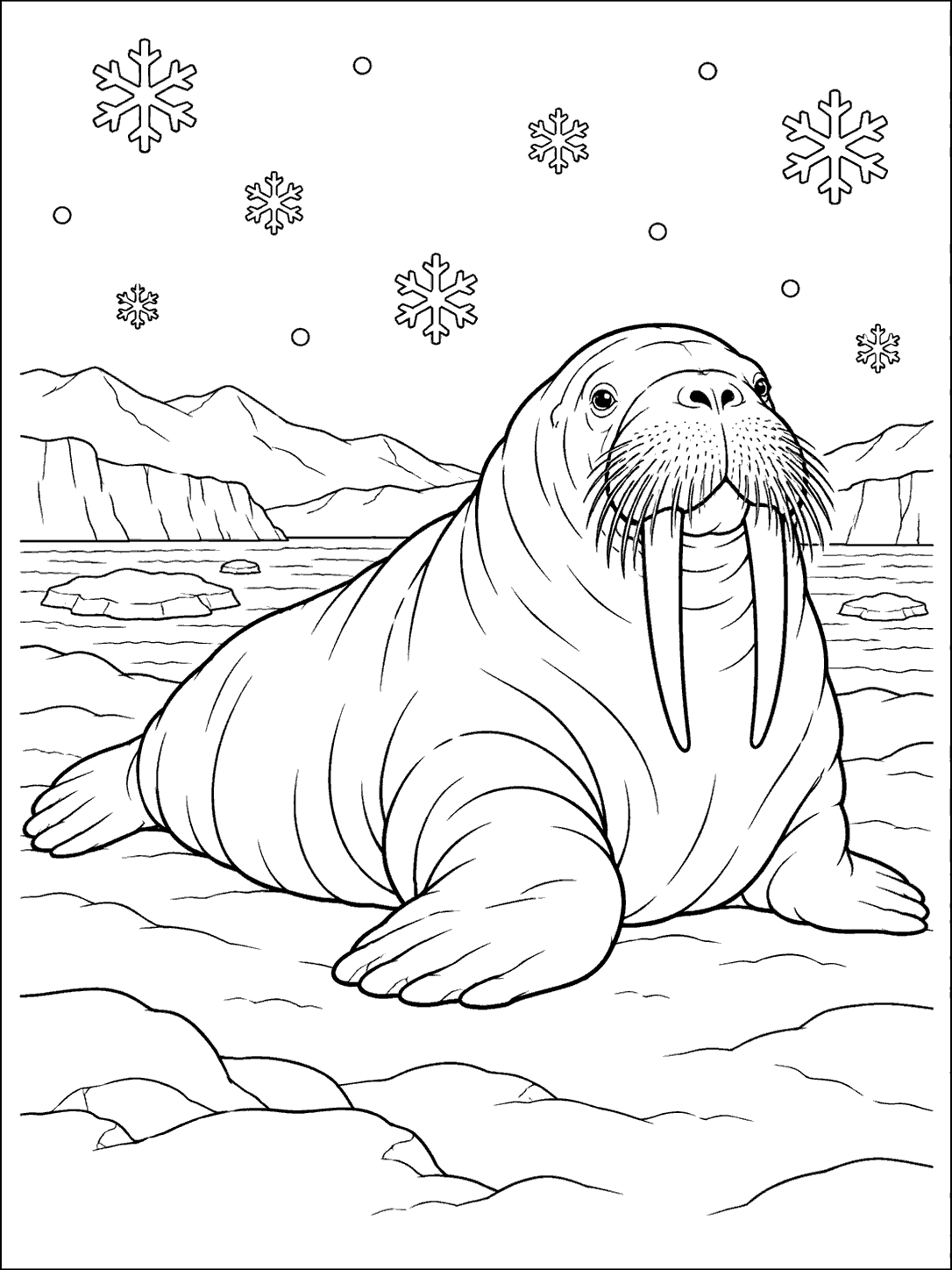 A full walrus with long tusks and whiskered muzzle resting on snow as flakes fall, with icy cliffs and water behind it.