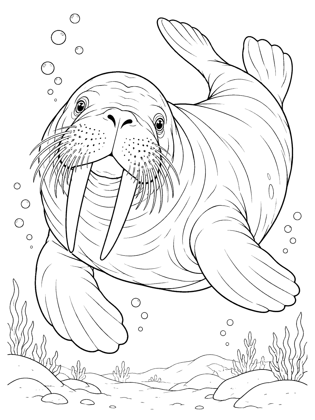Walrus turning underwater above a seabed, with long tusks, whiskers, bubbles, and flippers outlined for coloring.