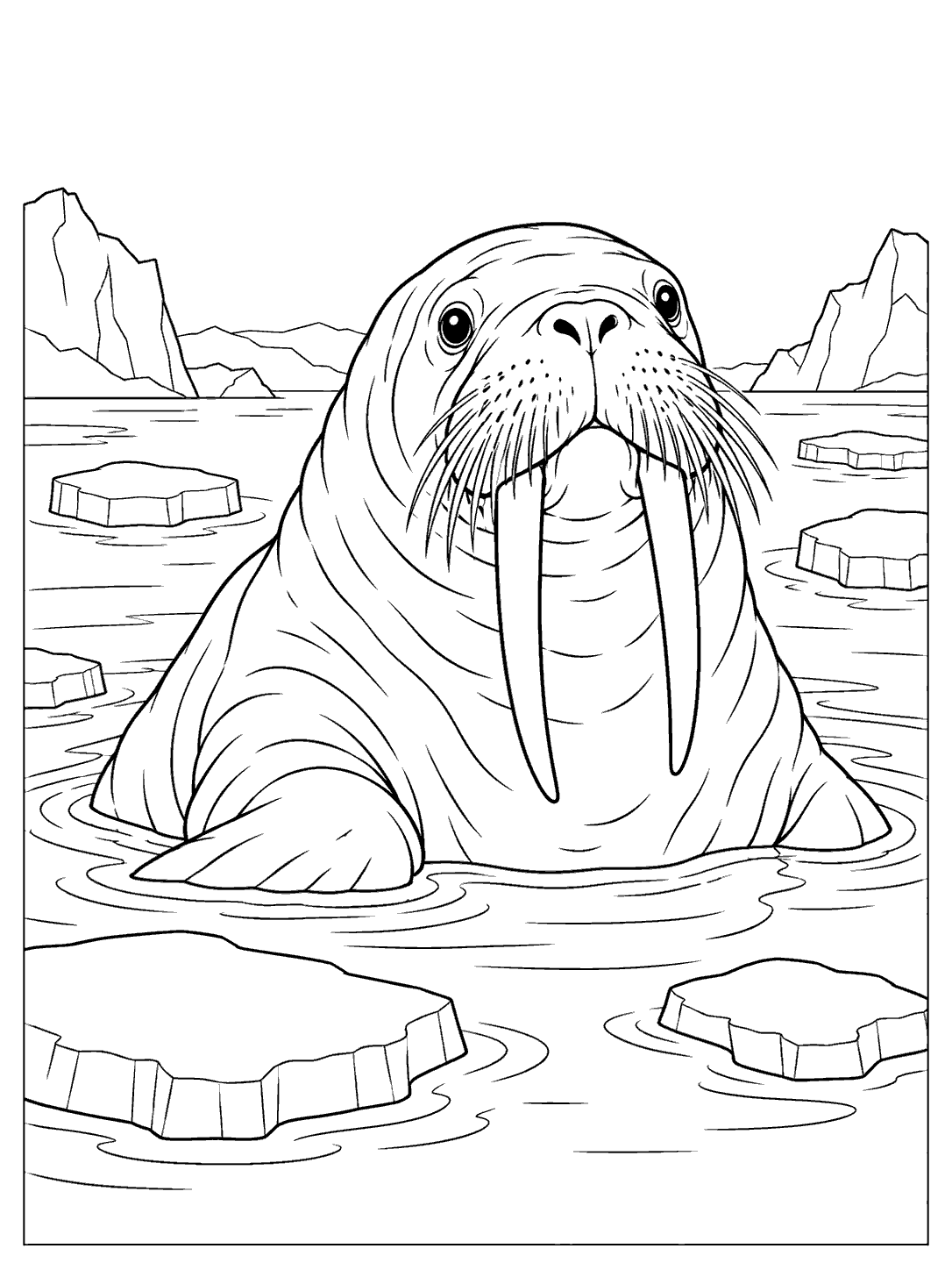 Walrus floating in a calm Arctic lagoon with tusks, visible flippers, ripples, and broken ice