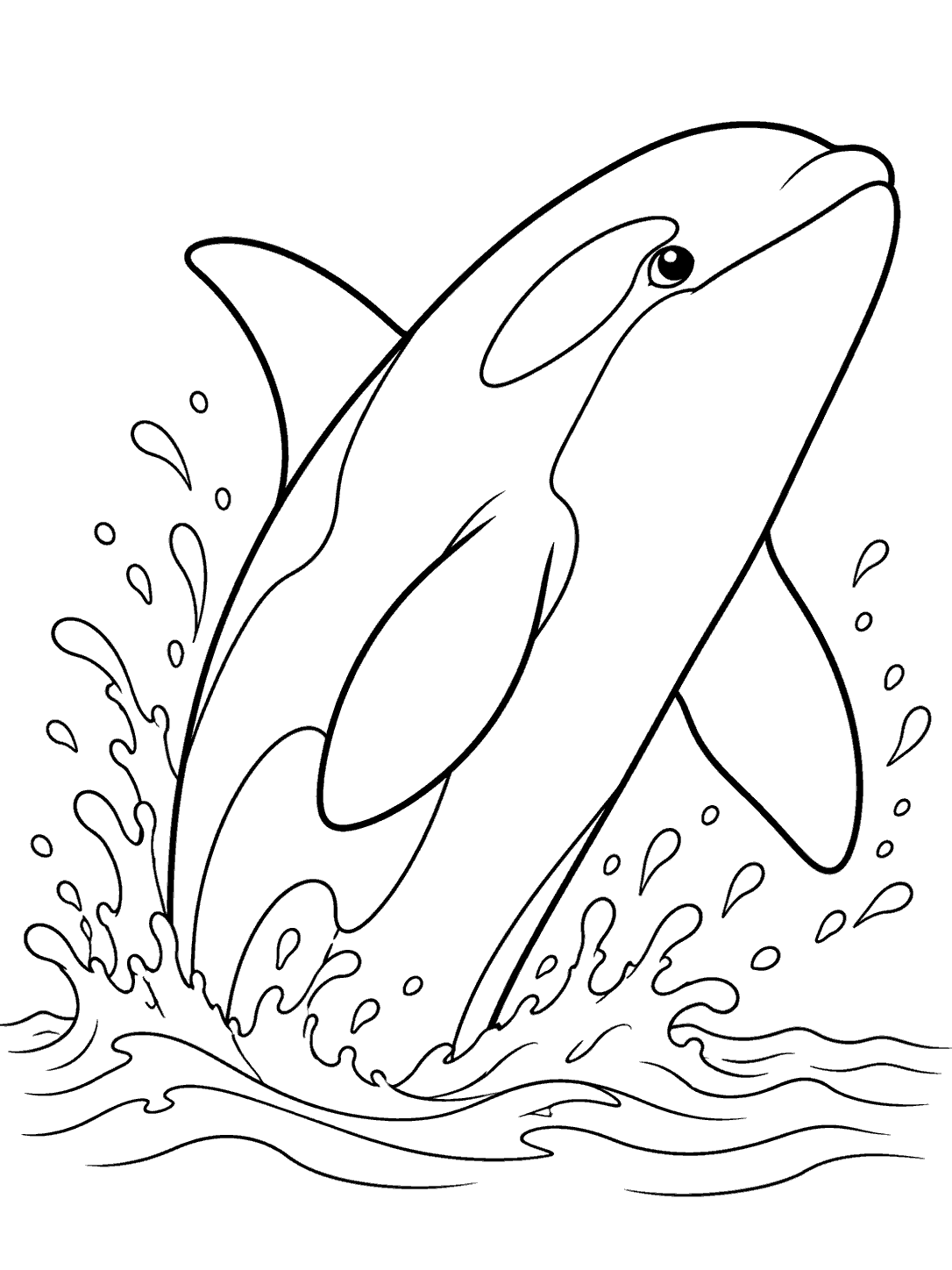 Orca coloring page showing an orca surfacing amid outlined water spray