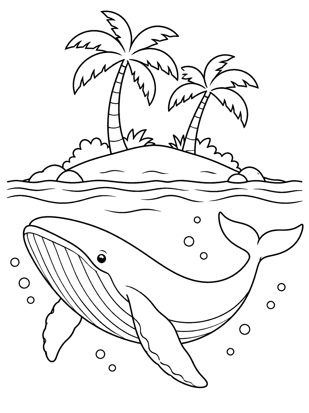 Whale coloring page showing a smiling whale swimming below a small island with two palm trees.