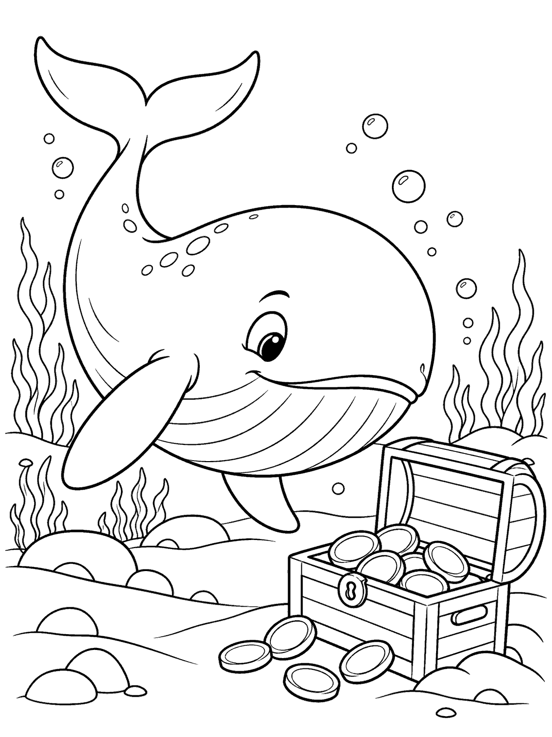 Whale coloring page showing a large curious whale beside an open treasure chest, scattered coins, seaweed, and seabed rocks.