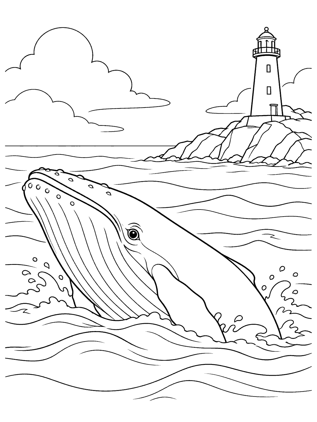 Black-and-white whale coloring page showing a large surfacing whale in the foreground and a lighthouse on a distant rocky coast.