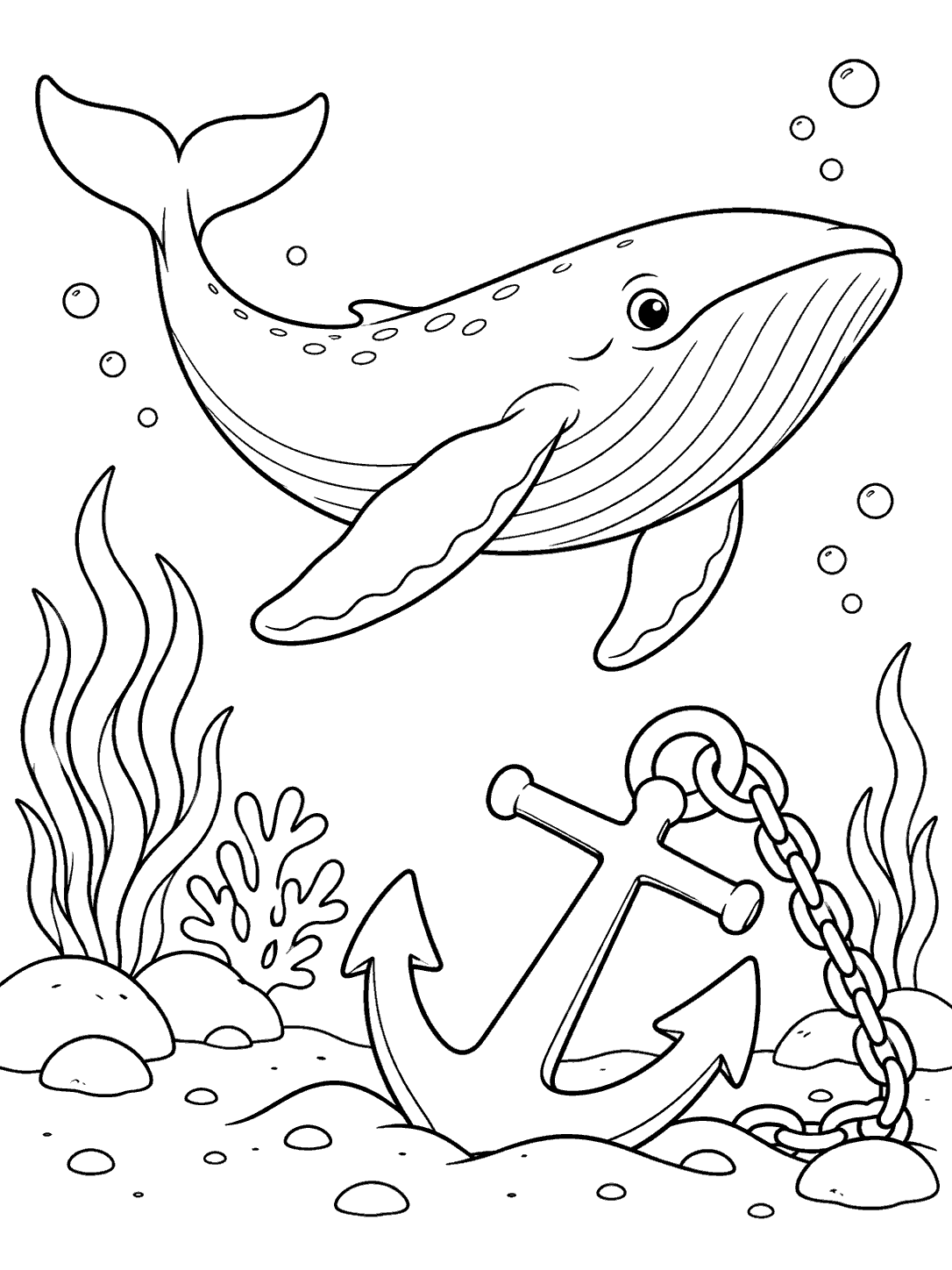 Black-and-white coloring page showing a large whale swimming above an anchor and curling chain on the seabed, surrounded by bubbles, rocks, and sea plants.
