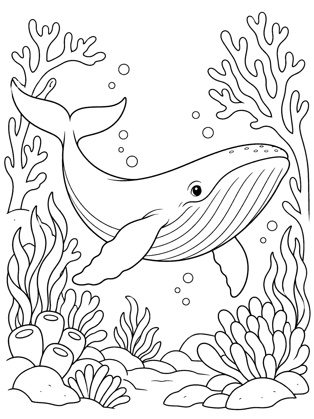 Whale coloring page showing a smiling whale framed by coral, sea plants, and bubbles