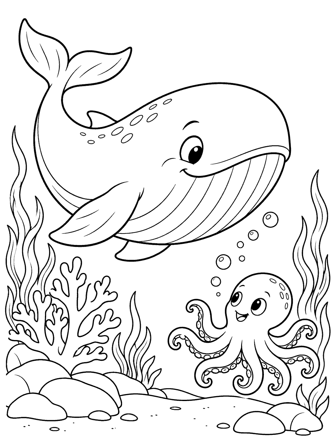 Whale coloring page showing a smiling whale above a friendly eight-armed octopus among bubbles, seaweed, and rocks.
