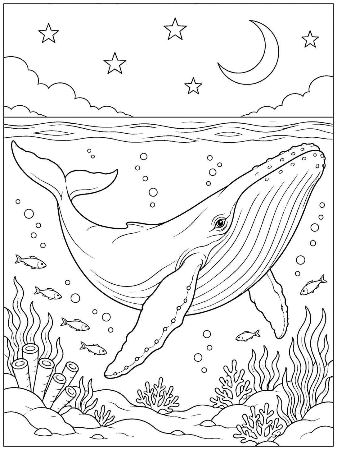 Portrait whale coloring page showing a whale swimming below a crescent moon, stars, and a simple ocean horizon, with fish and coral.