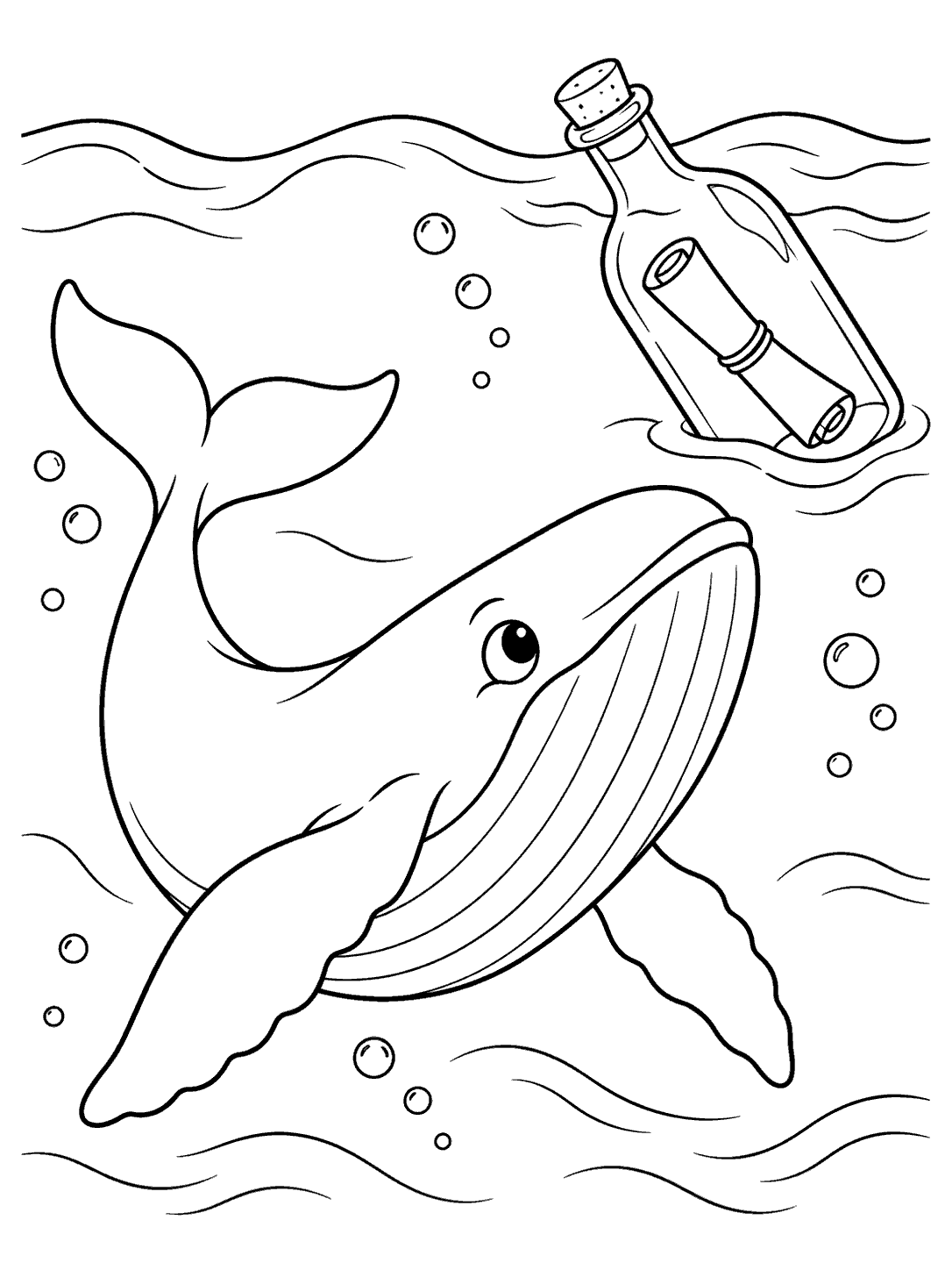 Whale coloring page with a smiling whale looking toward a floating glass bottle containing a rolled note, surrounded by bubbles and gentle waves.