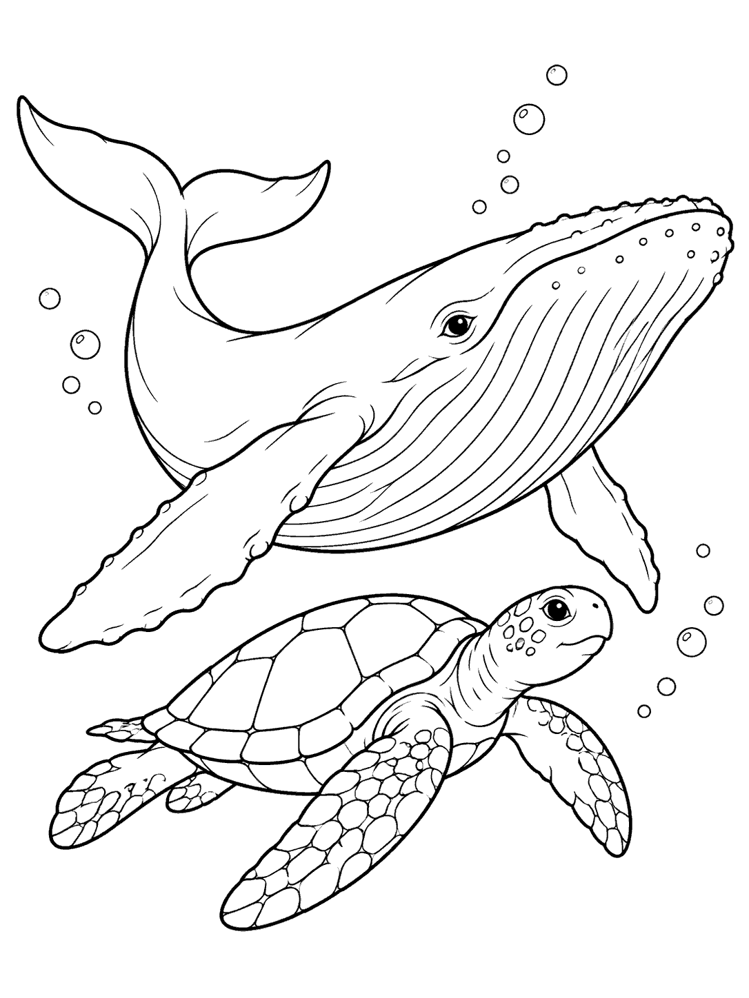 Whale coloring page showing a large whale swimming above a sea turtle with a segmented shell and bubbles around them.