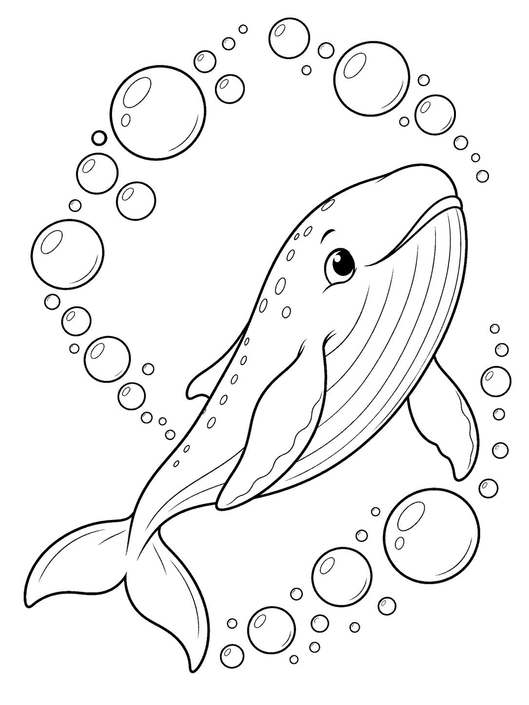 A smiling whale swimming diagonally upward, surrounded by bubbles in black line art.