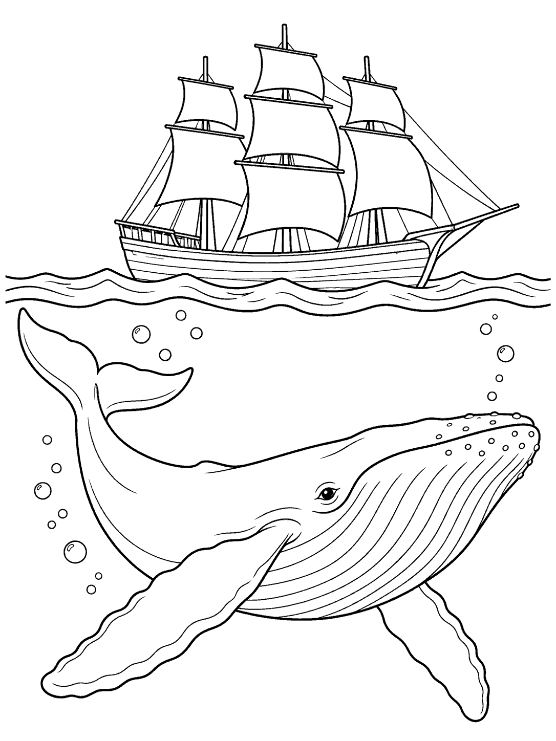 Whale coloring page showing a large whale underwater beneath a three-masted sailing ship.