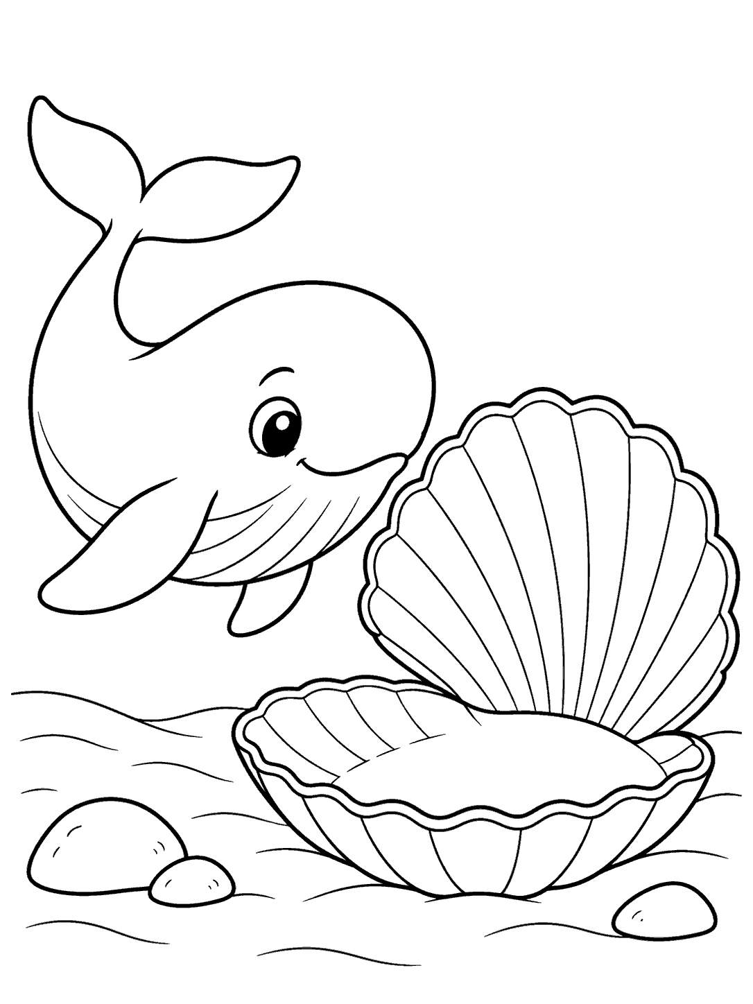 Black line art of a smiling whale facing a large ridged open scallop shell, with a few pebbles on the seabed.