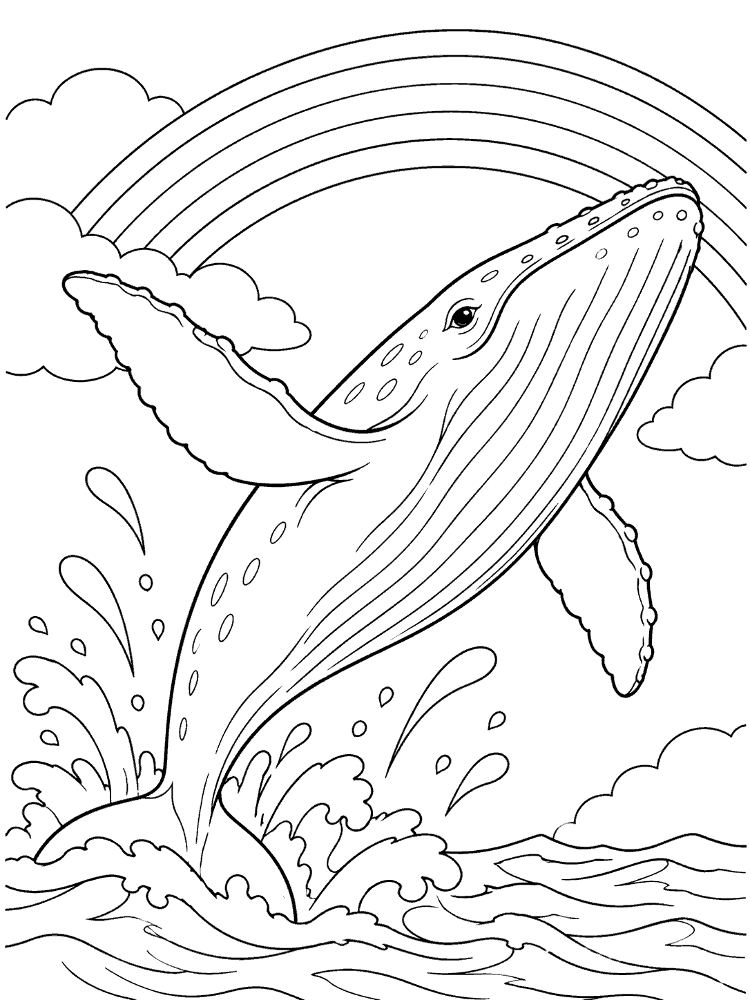 Whale coloring page showing a large breaching whale beneath an outlined rainbow, with splashing waves and clouds.