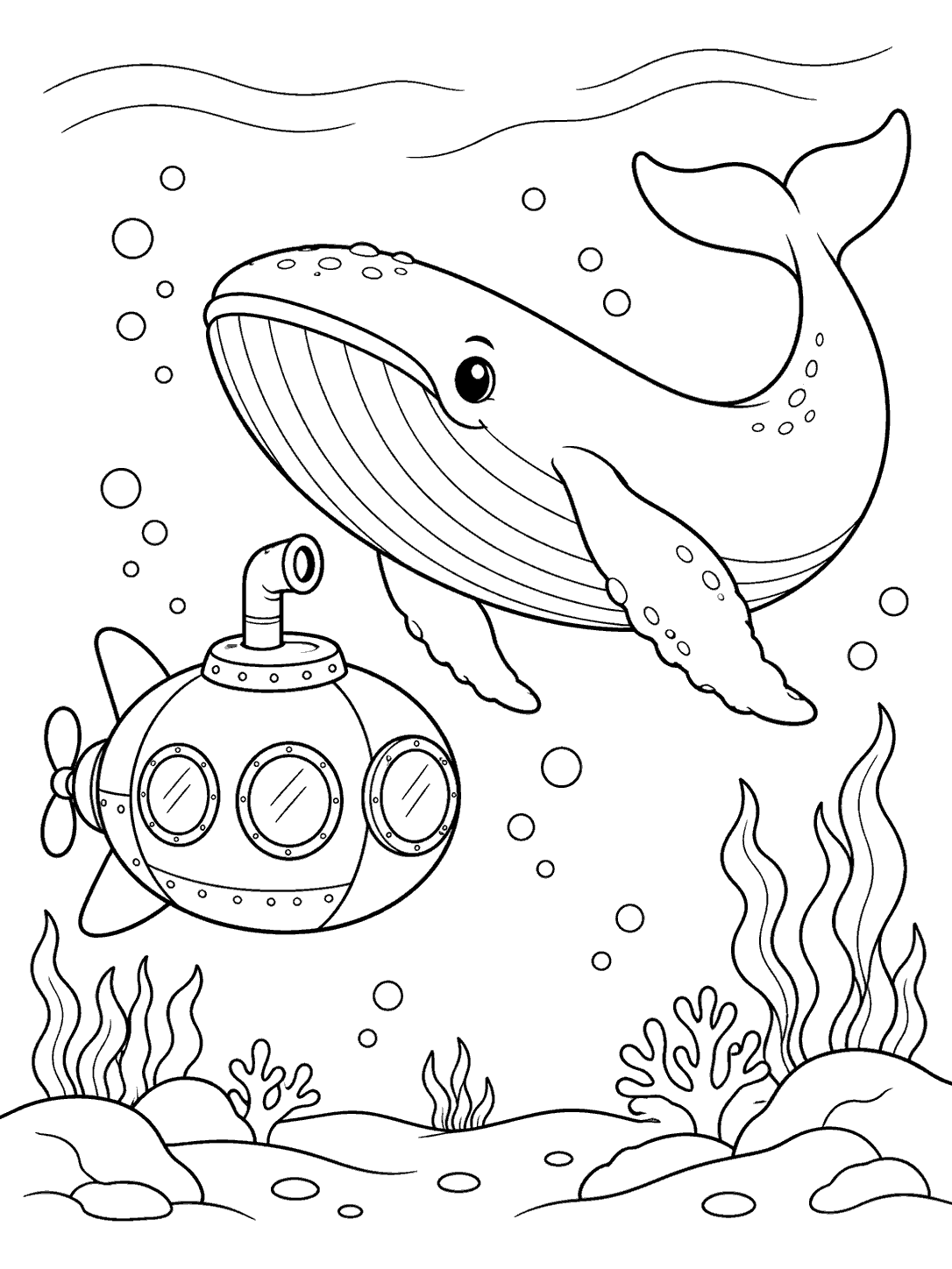 Whale coloring page showing a smiling whale beside a round submarine, with bubbles and sea plants.