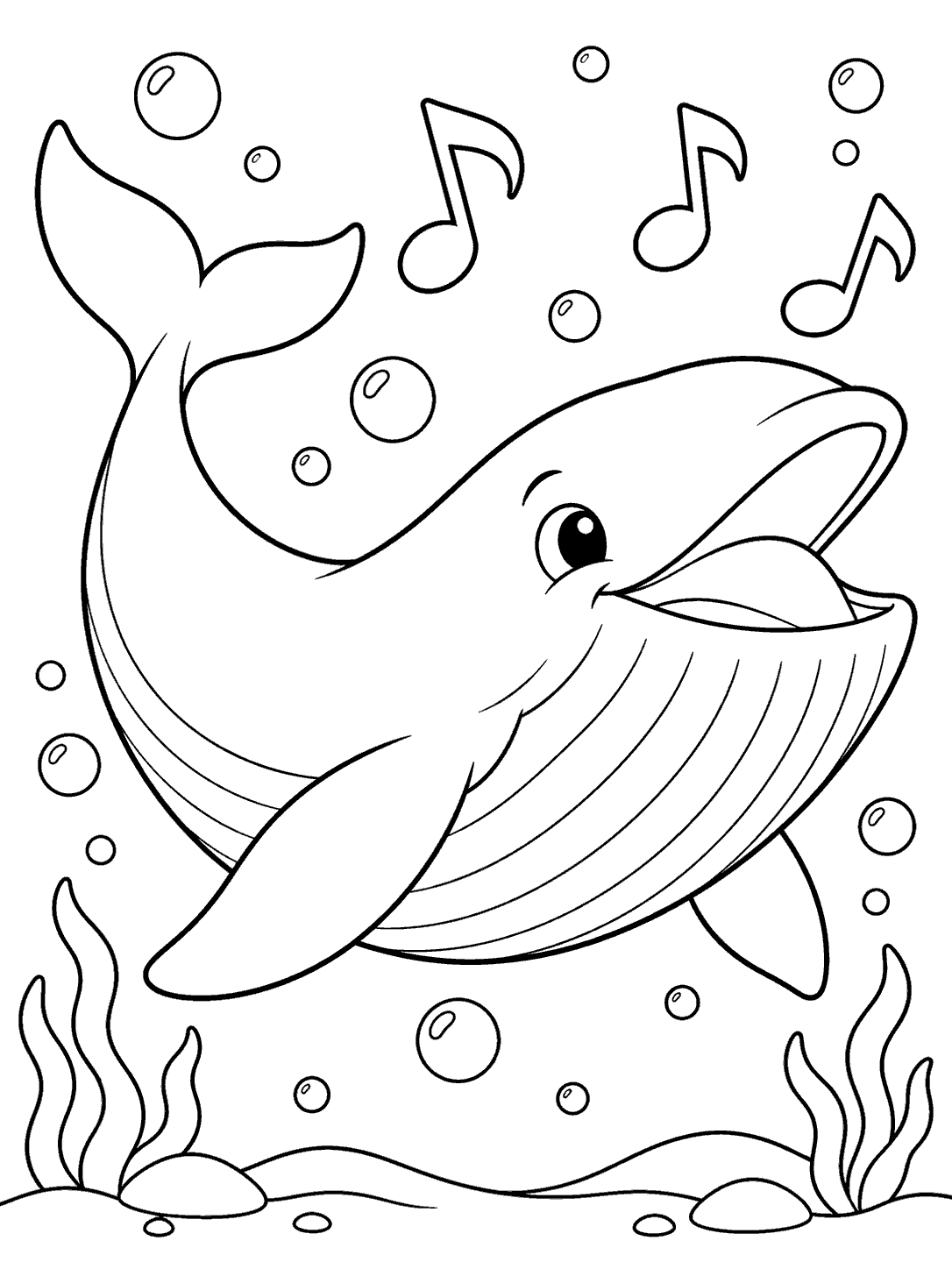 Whale coloring page showing a friendly whale singing among outlined music notes and bubbles, with seaweed along the seafloor.